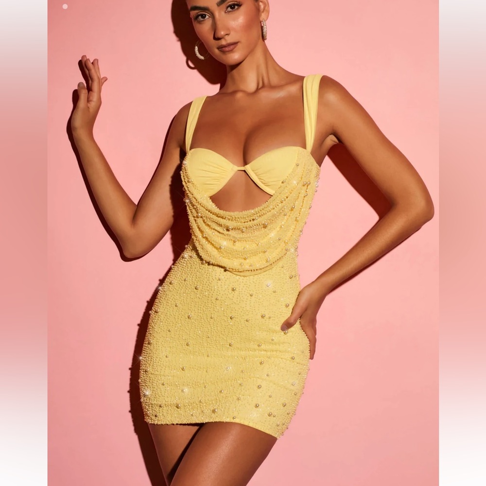 COPY - Oh Polly LOW COWL NECK EMBELLISHED MINI DRESS IN YELLOW